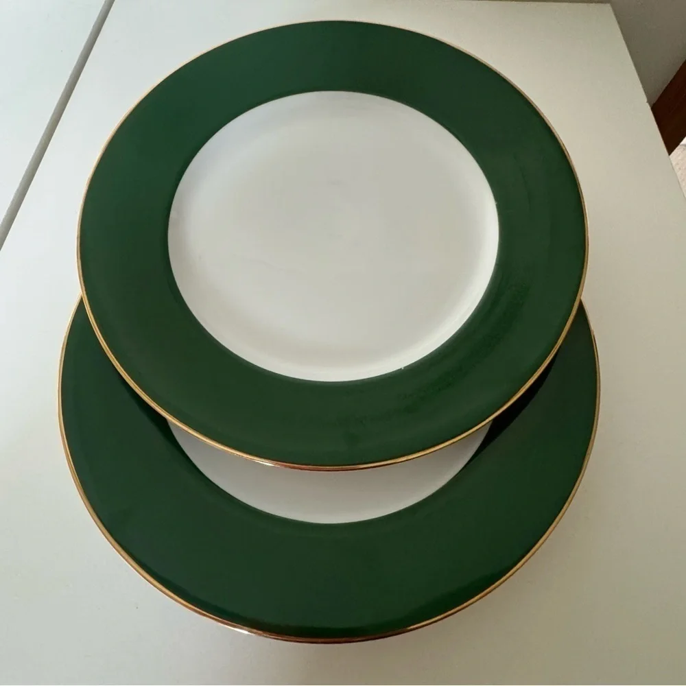 Crate&Barrel White Green and 14k Gold Plated Porcelain Dinner Plates Set…